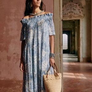 Sezane Women’s Ceres Alcazar Blue Off Shoulder Flutter Sleeve Floral Midi Dress